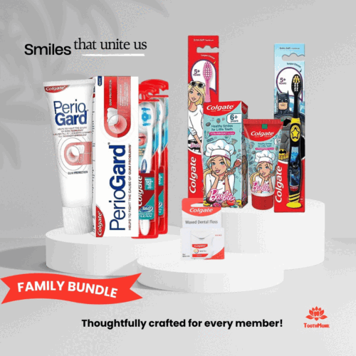 Colgate family combo with toothbrushes, floss, and toothpaste for adults and kids