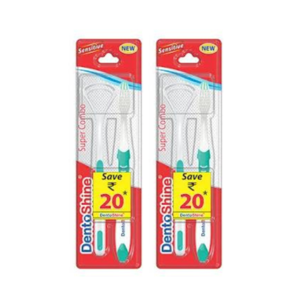 DentoShine Super Combo (Super Slim Soft Toothbrush + Tongue Cleaner) green (Pack 2)