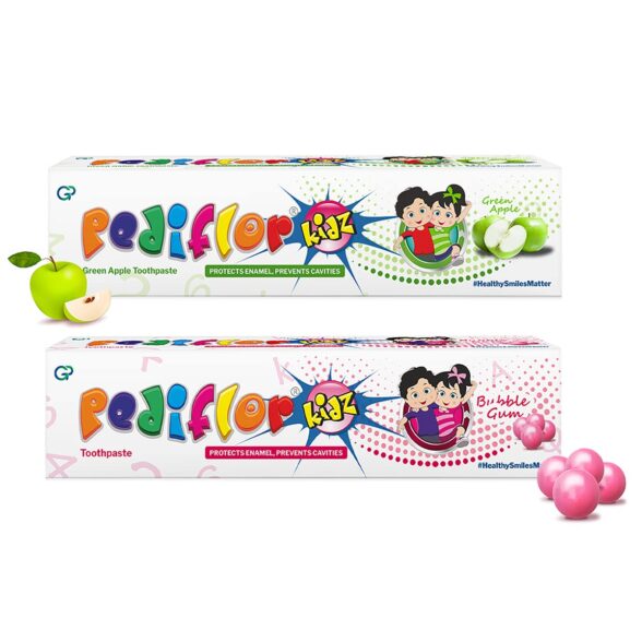 Pediflor Kidz Toothpaste | Bubble Gum and Green Apple Flavour combo - Protects Enamel, Prevents Cavities | Anticavity Toothpaste for Kids | Vegan Friendly | Pack of 2