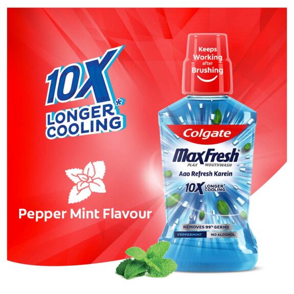 Colgate Maxfresh Plax Antibacterial Mouthwash, 24/7 Fresh Breath - Peppermint (100ml) (Pack of 3) - Image 4