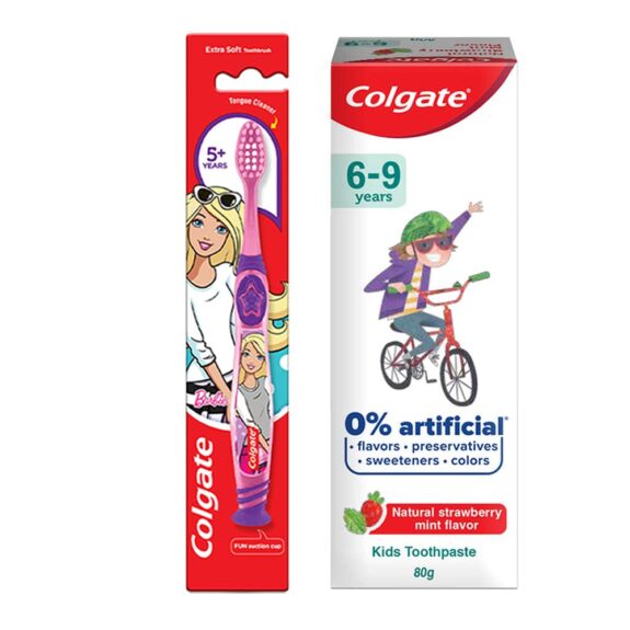 Colgate Kids Cavity Protection BUNDLE for 6-9 Years, 80g, Natural Strawberry Mint Flavour with Colgate Barbie Extra Soft bristles Toothbrush