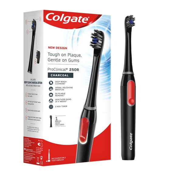 Colgate Proclinical 250R Charcoal Rechargeable Sonic Toothbrush, Electric Toothbrush with Soft & Spiral Bristles, Healthier Gums in 4 Weeks (With Replaceable Brush Head, Charger included)