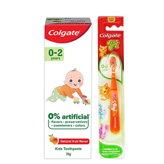 Colgate BUNDLE  for Kids (0-2 yrs), Natural Fruit Flavour toothpaste 70g with Colgate Kid's Extra Soft Toothbrush (0-2 Years)