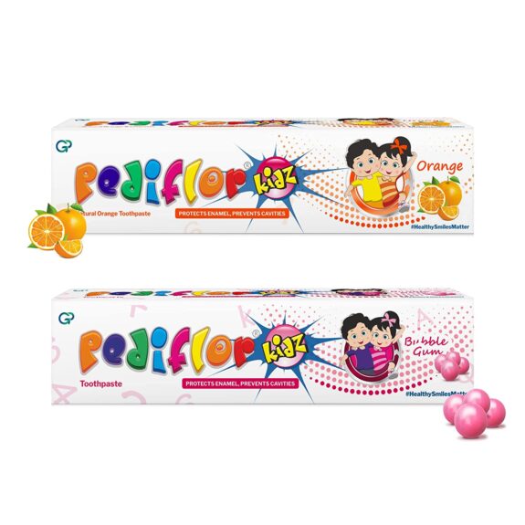 PediflorKidz Anti Cavity Toothpaste | Bubble Gum and Orange Flavour Combo Pack of 2 | Fluoride Toothpaste for Children with Xylitol | Fights Kids Tooth Decay | Vegan | 70g per pack