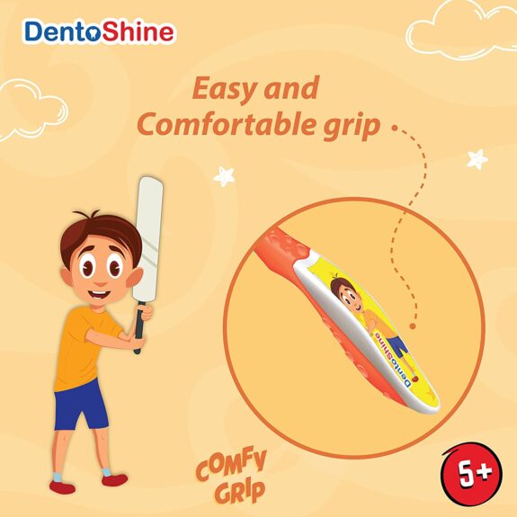 DentoShine COMFY Grip Toothbrush for Kids Ages 5 Plus (Orange, Blue, Pink, Purple, Pack of 4 designs) - Image 3