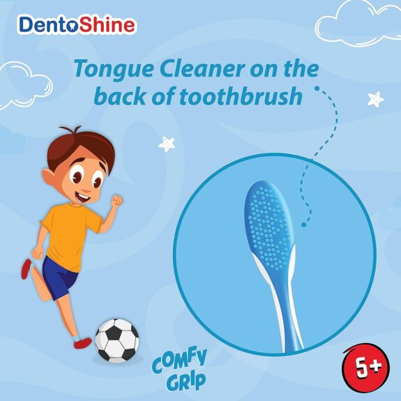 DentoShine COMFY Grip Toothbrush for Kids Ages 5 Plus (Orange, Blue, Pink, Purple, Pack of 4 designs) - Image 4