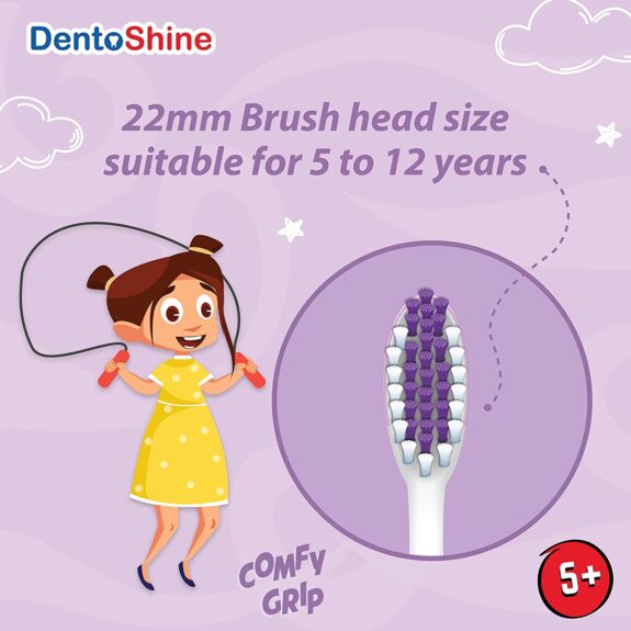 DentoShine COMFY Grip Toothbrush for Kids Ages 5 Plus (Orange, Blue, Pink, Purple, Pack of 4 designs) - Image 5