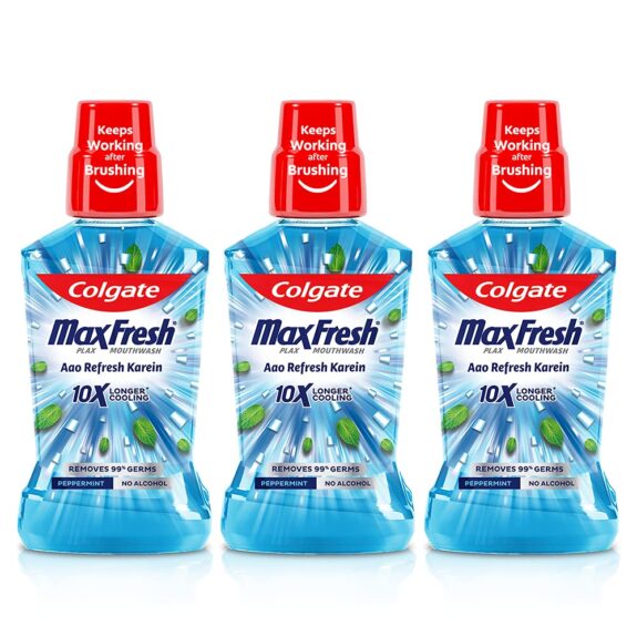 Colgate Maxfresh Plax Antibacterial Mouthwash, 24/7 Fresh Breath - Peppermint (100ml) (Pack of 3)