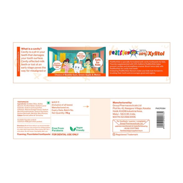 PediflorKidz Anti Cavity Toothpaste | Bubble Gum and Orange Flavour Combo Pack of 2 | Fluoride Toothpaste for Children with Xylitol | Fights Kids Tooth Decay | Vegan | 70g per pack - Image 3