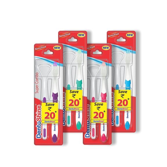 DentoShine Super Combo (Super Slim Soft Toothbrush + Tongue Cleaner) Assorted Pack of 4