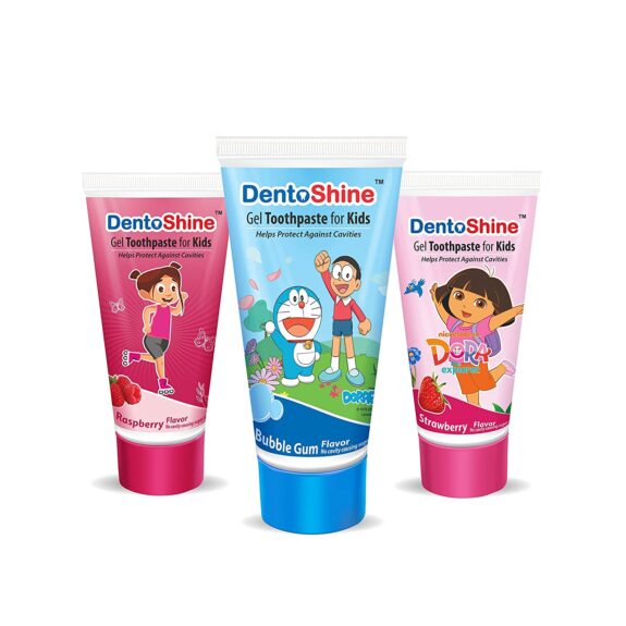 DentoShine Gel Toothpaste for Kids - Pack of 3 Flavors (Strawberry, Bubble Gum & Raspberry, 80 g each)