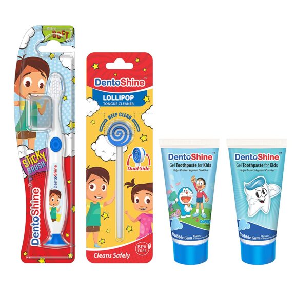 DentoShine Oral Care Combo Ages 2+ (Sticky Toothbrush for Kids + Lollipop Tongue Cleaner + Flavored Toothpaste 80 g x 2) (Bubble Gum)