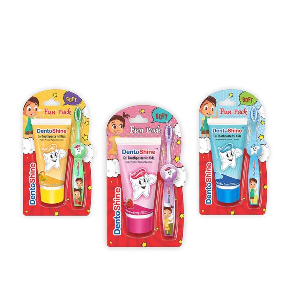 DentoShine Fun Pack for Kids - Pack of 3 Flavors (Strawberry, Mango & Bubble Gum, 80 g each + 3 pcs)