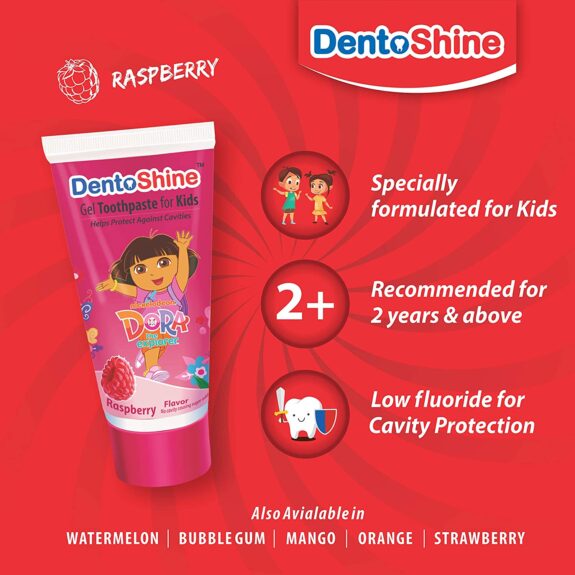 DentoShine Gel Toothpaste for Kids - Pack of 3 Flavors (Strawberry, Bubble Gum & Raspberry, 80 g each) - Image 4