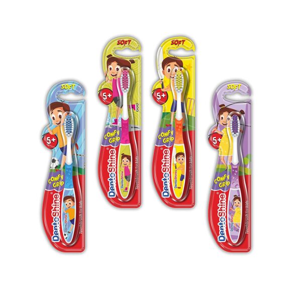 DentoShine COMFY Grip Toothbrush for Kids Ages 5 Plus (Orange, Blue, Pink, Purple, Pack of 4 designs)