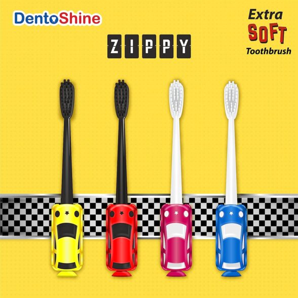 DentoShine ZIPPY Extra Soft Toothbrush for Kids (Ages 3+) (Red, Pink, Yellow, Blue, Pack of 4 designs) - Image 2