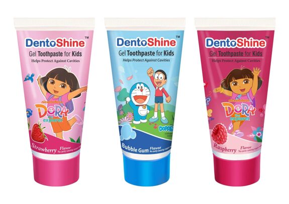 DentoShine Gel Toothpaste for Kids - Pack of 3 Flavors (Strawberry, Bubble Gum & Raspberry, 80 g each)