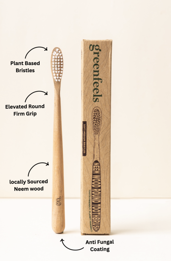 Green Feels Neem Wood Round Toothbrush| with Plant based soft bristles|100% compostable handle| Made in India| Anti fungus coating | eco friendly, BPA free, vegan (pack of 6) - Image 2