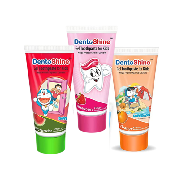 DentoShine Gel Toothpaste for Kids - Pack of 3 Flavors (Orange, Strawberry, Watermelon, 80 g each)