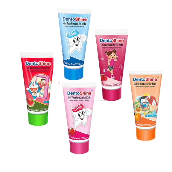 DentoShine Gel Toothpaste for Kids - Assorted Flavors (Bubble Gum, Orange, Raspberry, Strawberry, Watermelon, )